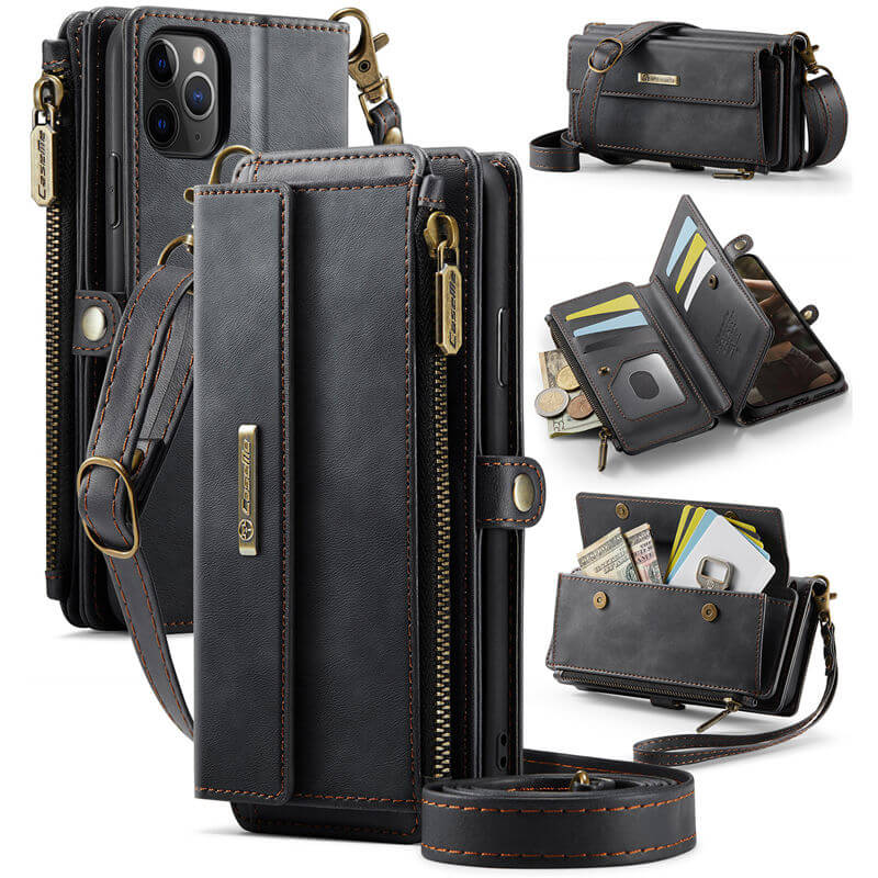 CaseMe iPhone 11 Pro Max Wallet Case – RFID Blocking Crossbody Bag with 9 Card Slots & Wireless Charging Black