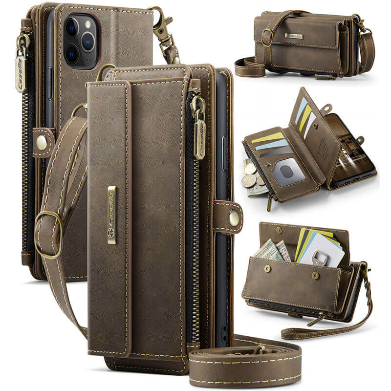 CaseMe iPhone 11 Pro Max Wallet Case – RFID Blocking Crossbody Bag with 9 Card Slots & Wireless Charging Coffee