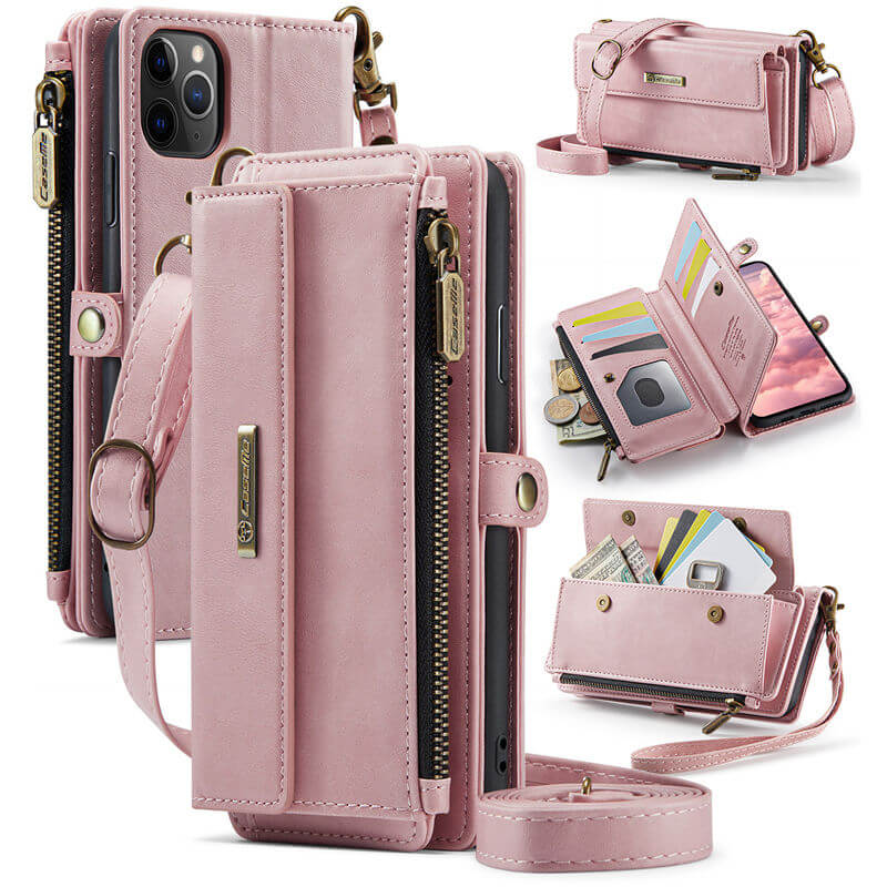 CaseMe iPhone 11 Pro Max Wallet Case – RFID Blocking Crossbody Bag with 9 Card Slots & Wireless Charging Pink