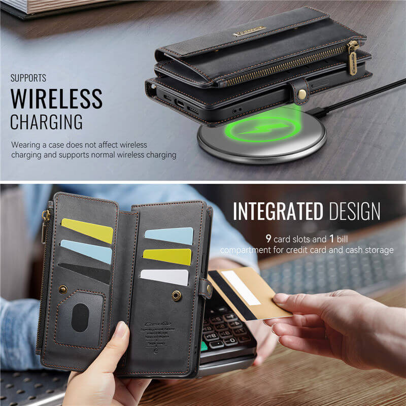 CaseMe iPhone 14 Pro Wallet Case – RFID Blocking, 9 Card Slots, Crossbody Strap & Wireless Charging