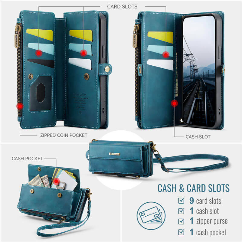 CaseMe iPhone 13 Pro Max Wallet Case – RFID Blocking, 9 Card Slots, Crossbody Strap & Wireless Charging