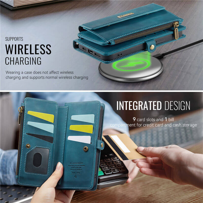 CaseMe iPhone 13 Pro Max Wallet Case – RFID Blocking, 9 Card Slots, Crossbody Strap & Wireless Charging
