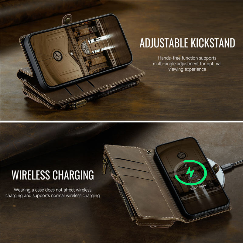 CaseMe iPhone 13 Pro Max Wallet Case – RFID Blocking, 9 Card Slots, Crossbody Strap & Wireless Charging