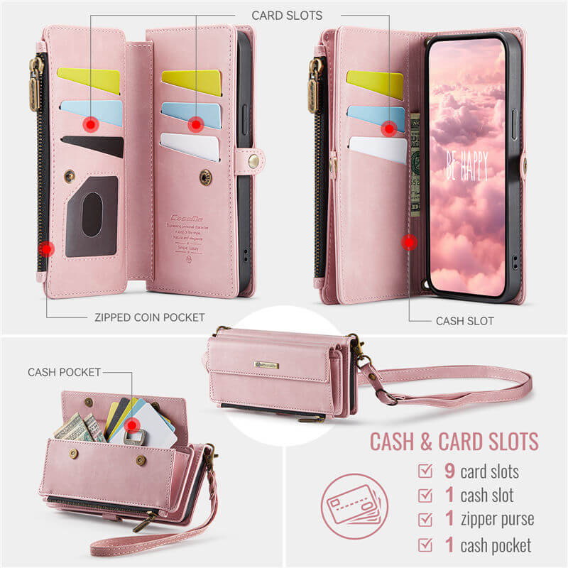 CaseMe iPhone 15 Pro Wallet Case – RFID Blocking, 9 Card Slots, Crossbody Strap & Wireless Charging