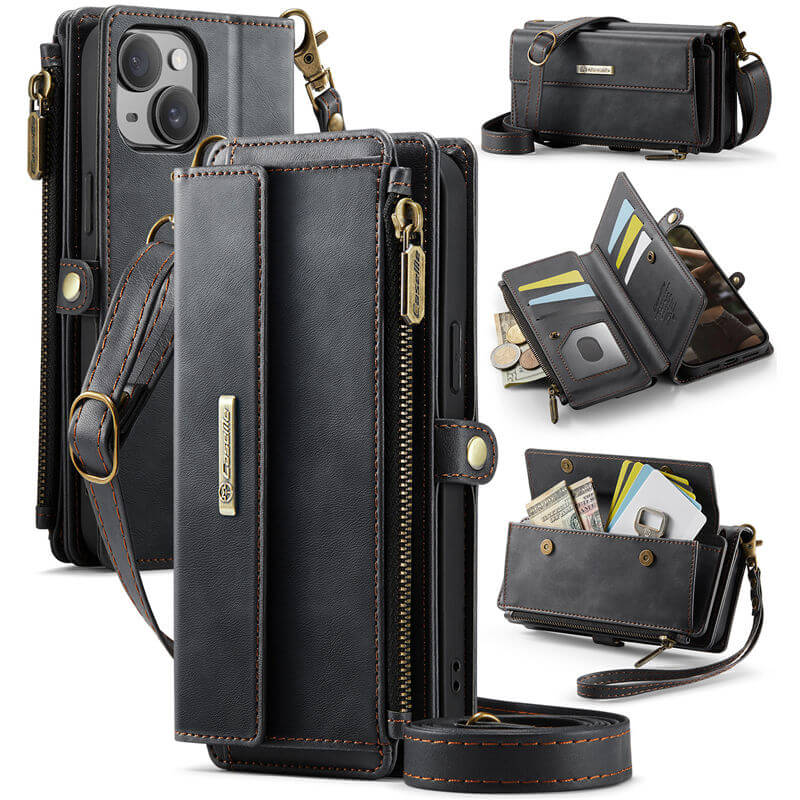 CaseMe iPhone 15 Plus Wallet Case – RFID Blocking Crossbody Bag with 9 Card Slots & Wireless Charging Black