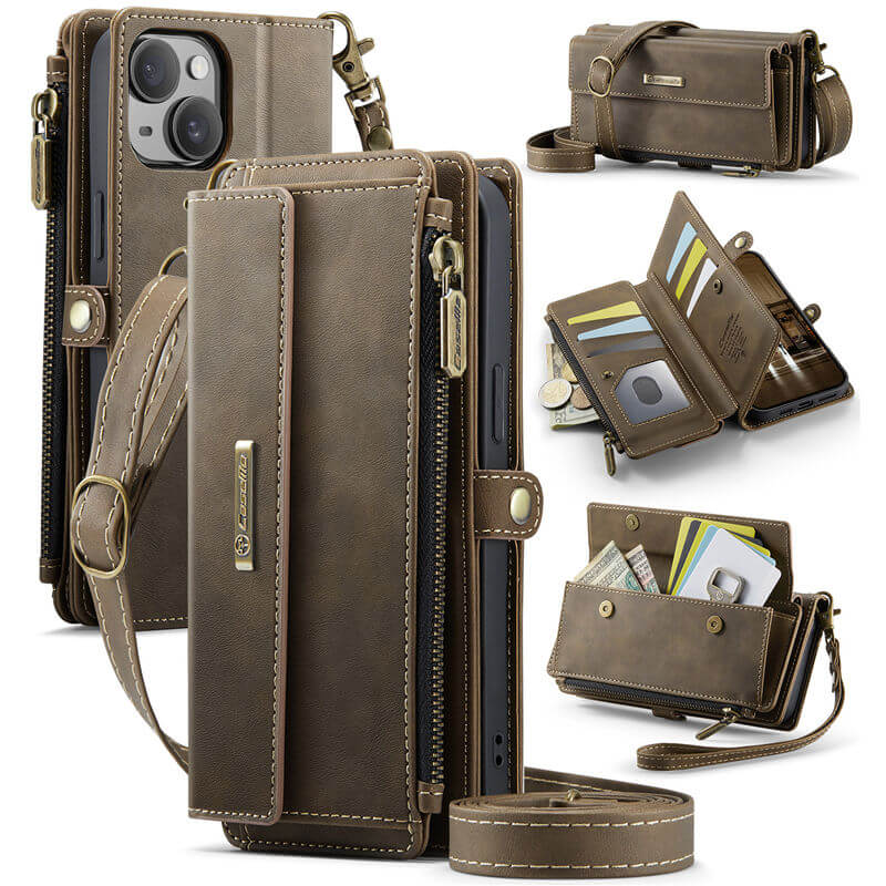 CaseMe iPhone 15 Plus Wallet Case – RFID Blocking Crossbody Bag with 9 Card Slots & Wireless Charging Coffee