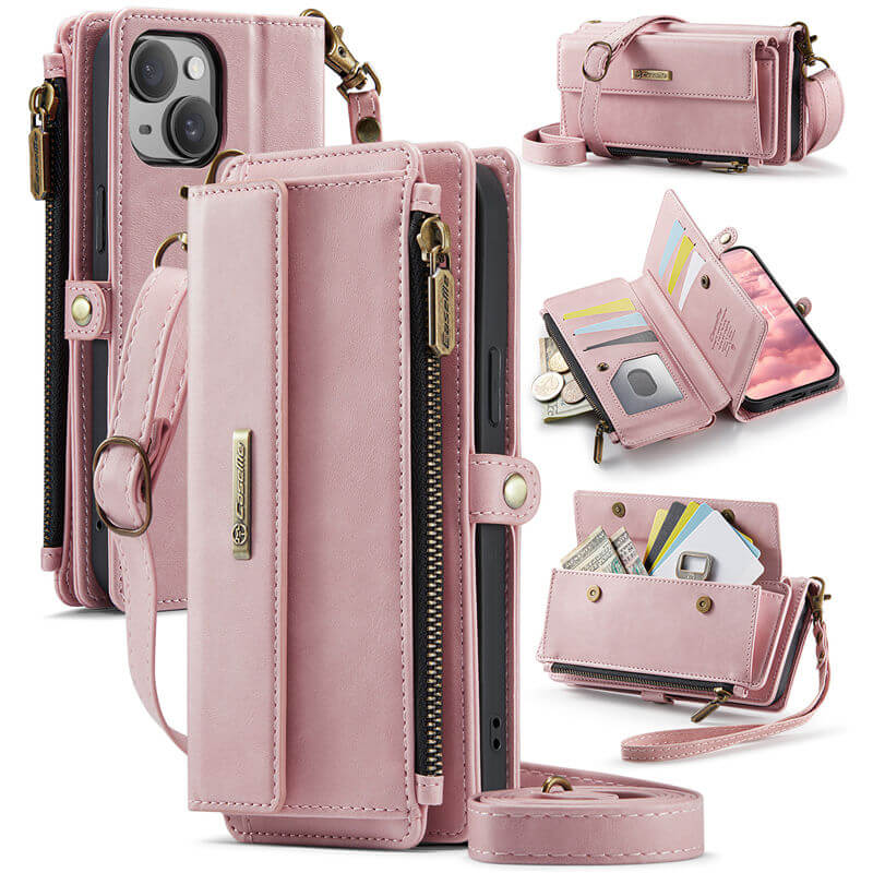 CaseMe iPhone 15 Plus Wallet Case – RFID Blocking Crossbody Bag with 9 Card Slots & Wireless Charging Pink