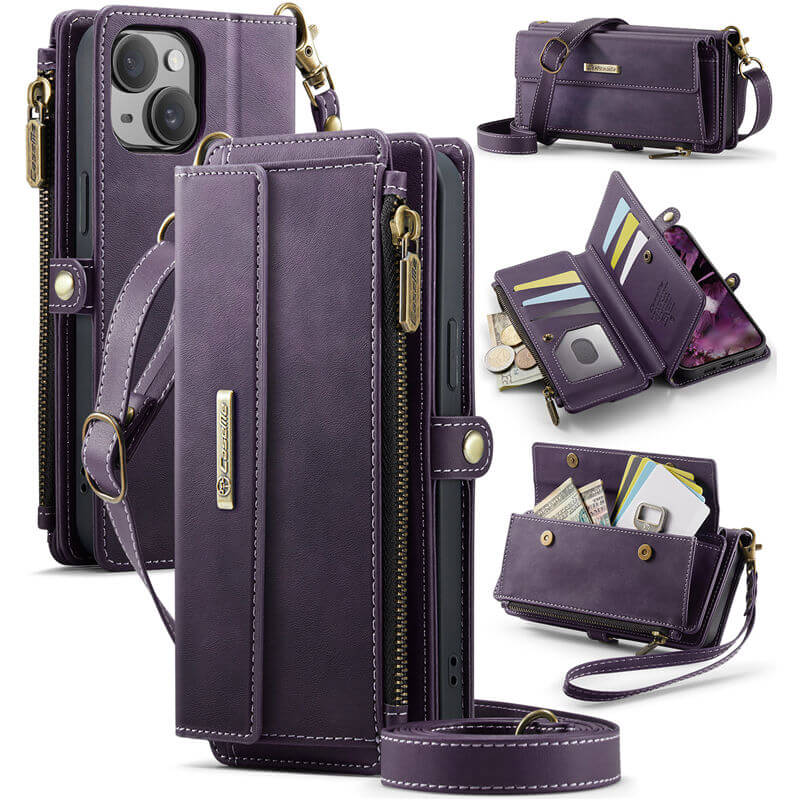 CaseMe iPhone 15 Plus Wallet Case – RFID Blocking Crossbody Bag with 9 Card Slots & Wireless Charging Red