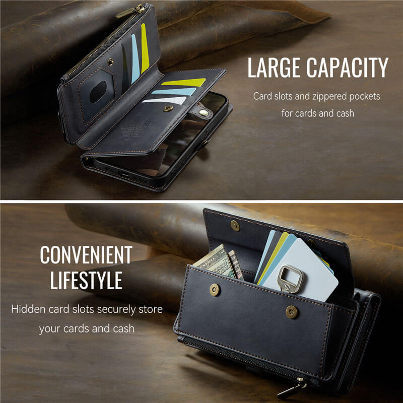 CaseMe iPhone 14 Wallet Case – RFID Blocking, 9 Card Slots, Crossbody Strap & Wireless Charging