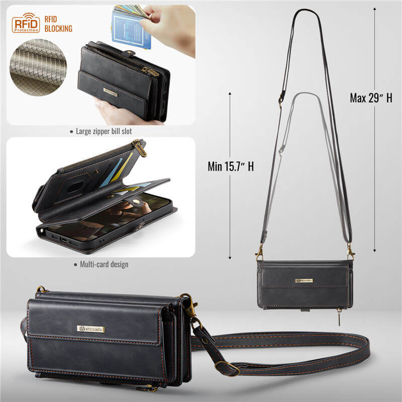CaseMe iPhone 14 Wallet Case – RFID Blocking, 9 Card Slots, Crossbody Strap & Wireless Charging