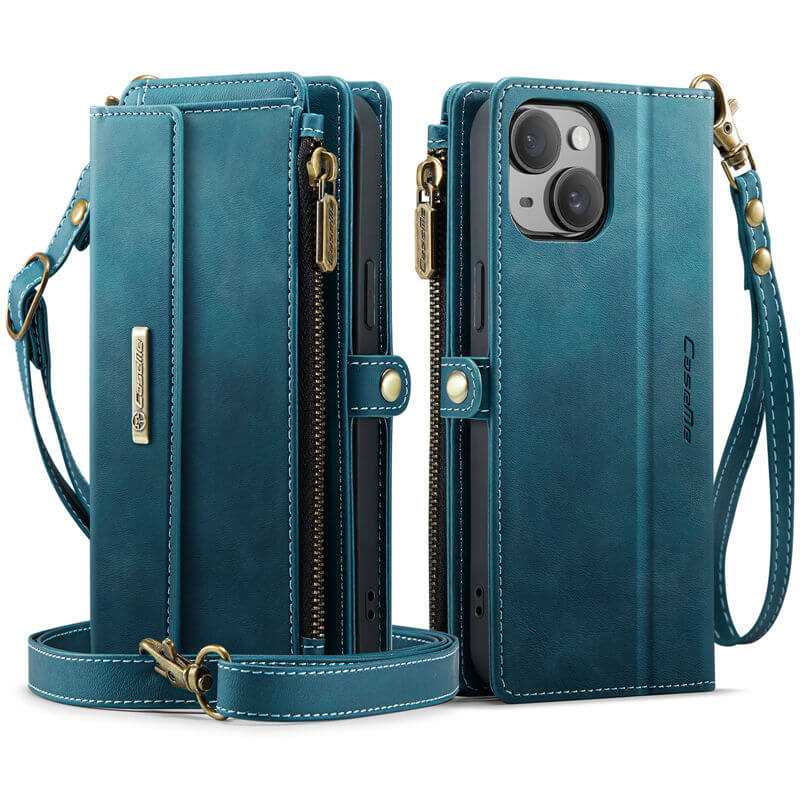 CaseMe iPhone 15 Wallet Case – RFID Blocking, 9 Card Slots, Crossbody Strap & Wireless Charging