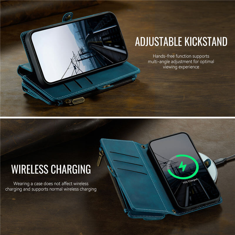 CaseMe iPhone 15 Wallet Case – RFID Blocking, 9 Card Slots, Crossbody Strap & Wireless Charging