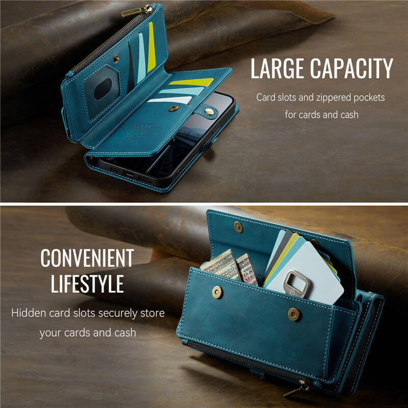 CaseMe iPhone 15 Wallet Case – RFID Blocking, 9 Card Slots, Crossbody Strap & Wireless Charging