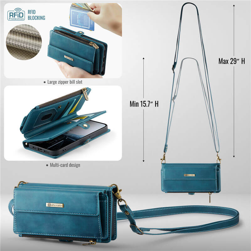 CaseMe iPhone 15 Wallet Case – RFID Blocking, 9 Card Slots, Crossbody Strap & Wireless Charging