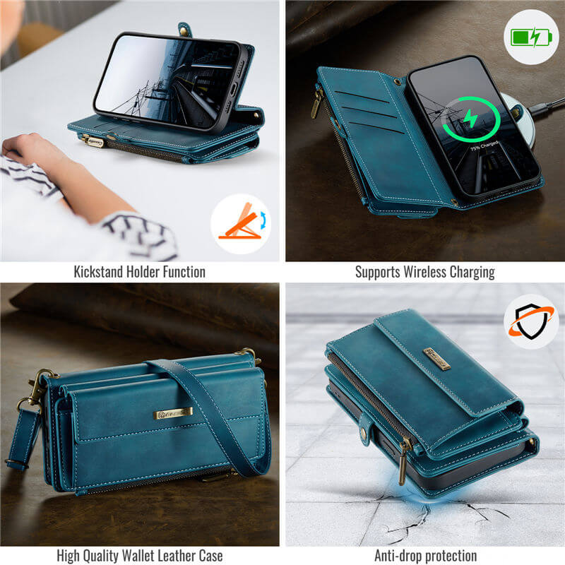 CaseMe iPhone 15 Wallet Case – RFID Blocking, 9 Card Slots, Crossbody Strap & Wireless Charging