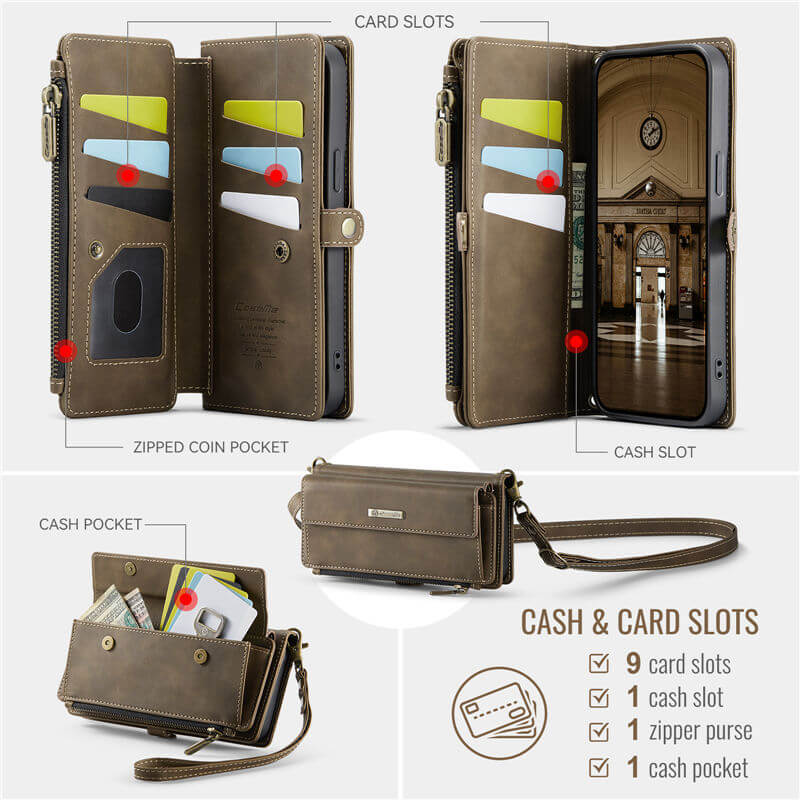 CaseMe iPhone 15 Wallet Case – RFID Blocking, 9 Card Slots, Crossbody Strap & Wireless Charging