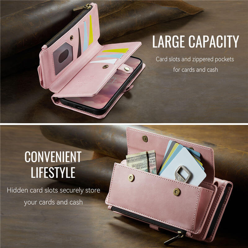 CaseMe iPhone 13 Wallet Case – RFID Blocking, 9 Card Slots, Crossbody Strap & Wireless Charging