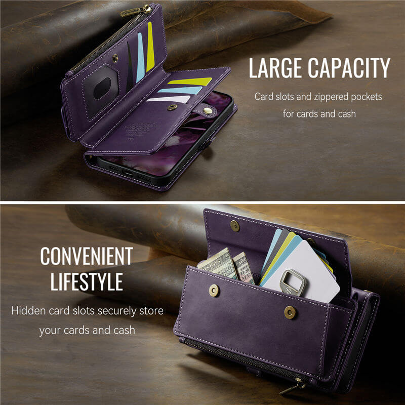 CaseMe iPhone 14 Plus Wallet Case – RFID Blocking, 9 Card Slots, Crossbody Strap & Wireless Charging