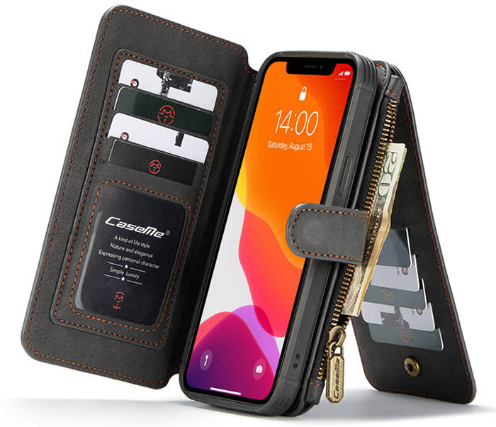 CaseMe iPhone 12 Zipper Wallet Magnetic Detachable 2 in 1 Folio Flip Case