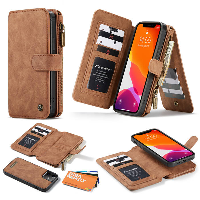 CaseMe iPhone 12 Mini Zipper Wallet Detachable Case Brown