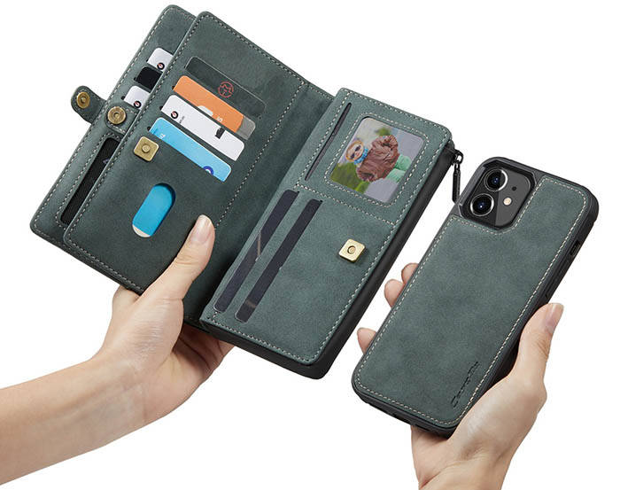 CaseMe iPhone 12 Vintage Multi-Functional Zipper Wallet Magnetic Detachable 2 in 1 Folio Case