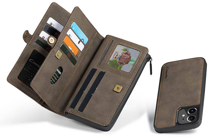 CaseMe iPhone 12 Vintage Multi-Functional Zipper Wallet Magnetic Detachable 2 in 1 Folio Case