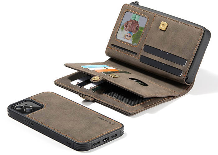 CaseMe iPhone 12 Vintage Multi-Functional Zipper Wallet Magnetic Detachable 2 in 1 Folio Case