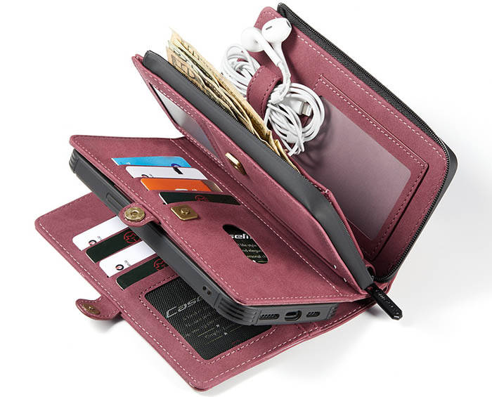 CaseMe iPhone 12 Vintage Multi-Functional Zipper Wallet Magnetic Detachable 2 in 1 Folio Case