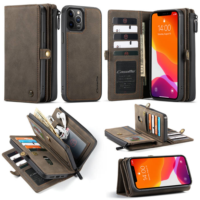 CaseMe iPhone 12 Pro Max Multi-Functional Zipper Wallet Case Coffee