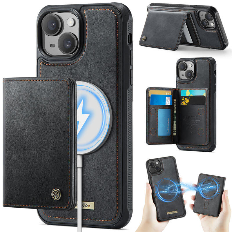 CaseMe iPhone 14 2-in-1 Magnetic Wallet Case with RFID Blocking & MagSafe Compatible - Black