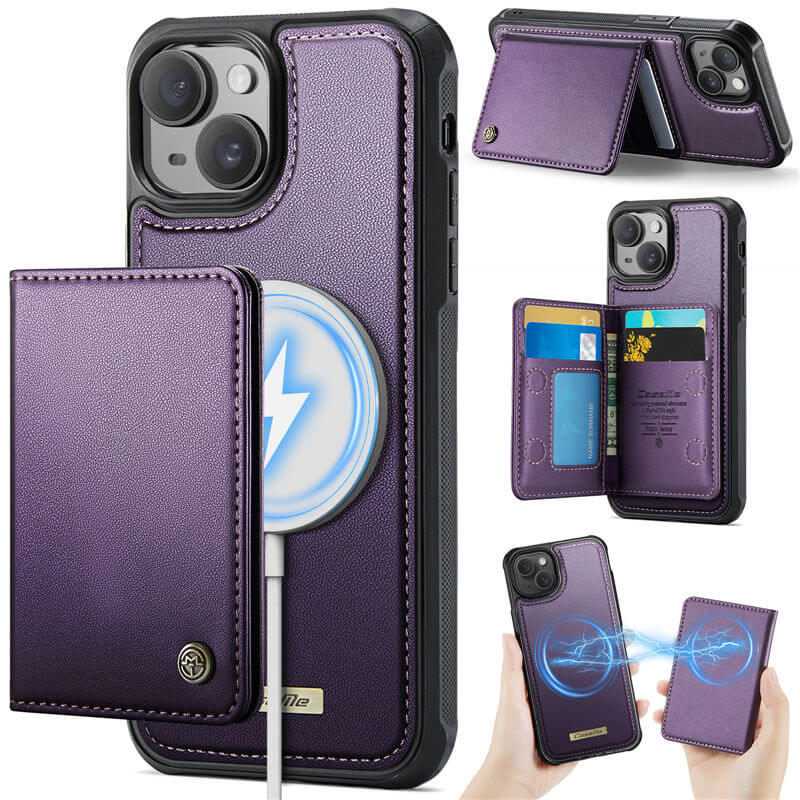 CaseMe iPhone 14 2-in-1 Magnetic Wallet Case with RFID Blocking & MagSafe Compatible - Purple