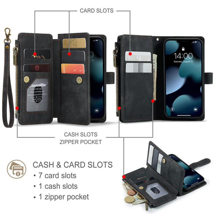 CaseMe iPhone 13 Mini Zipper Wallet Kickstand Retro Case Black