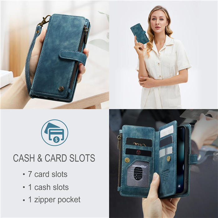 CaseMe iPhone 13 Mini Zipper Wallet Kickstand Retro Case Blue