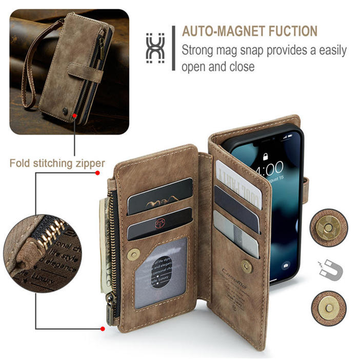 CaseMe iPhone 13 Mini Zipper Wallet Kickstand Retro Case Coffee