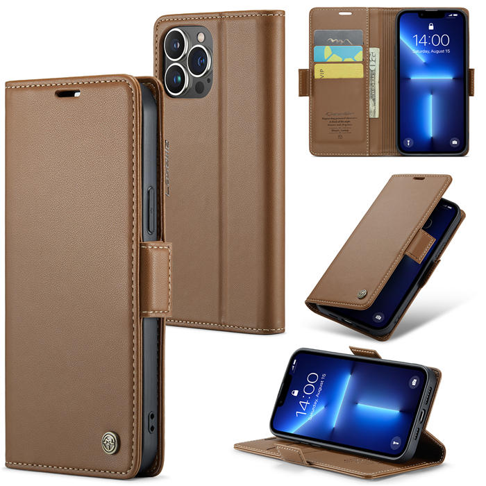 CaseMe iPhone 13 Pro Wallet RFID Blocking Magnetic Buckle Case Brown