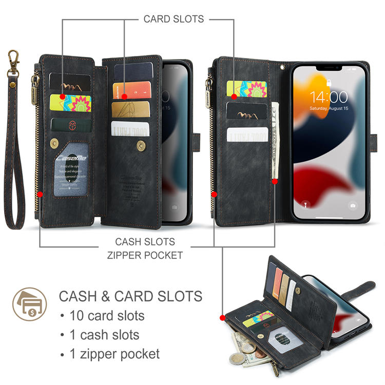 CaseMe iPhone 13 Pro Max Zipper Wallet Kickstand Case Black