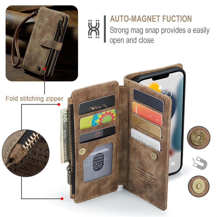 CaseMe iPhone 13 Pro Max Zipper Wallet Kickstand Case Coffee