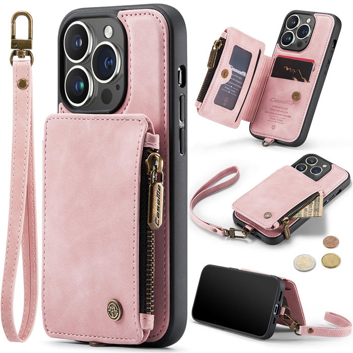 CaseMe iPhone 12 Pro Wallet RFID Blocking Case with Wrist Strap Pink