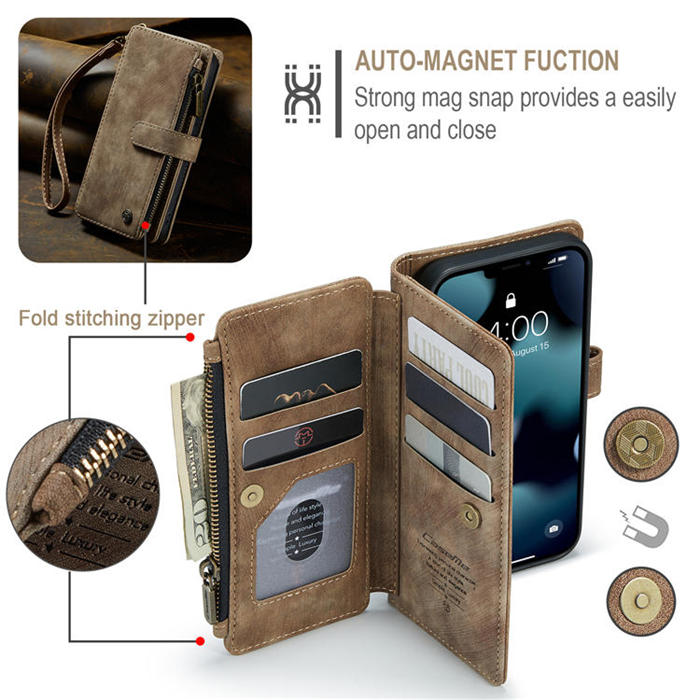 CaseMe iPhone 13 Pro Zipper Wallet Kickstand Retro Case Coffee