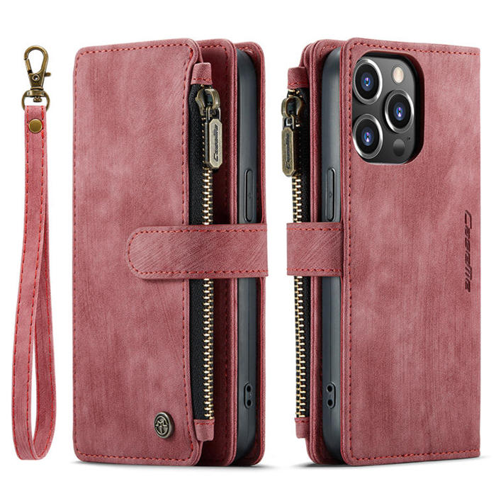 CaseMe iPhone 13 Pro Zipper Wallet Kickstand Retro Case Red