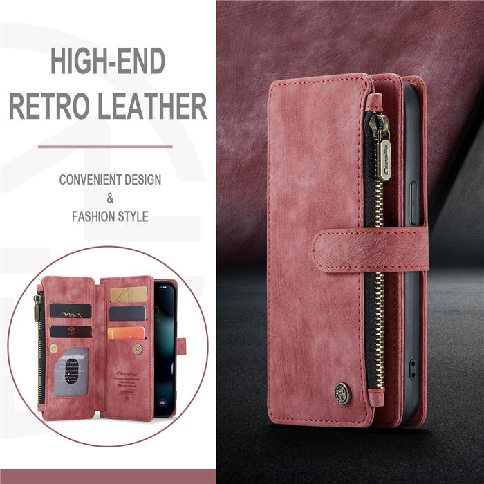 CaseMe iPhone 13 Pro Zipper Wallet Kickstand Retro Case Red