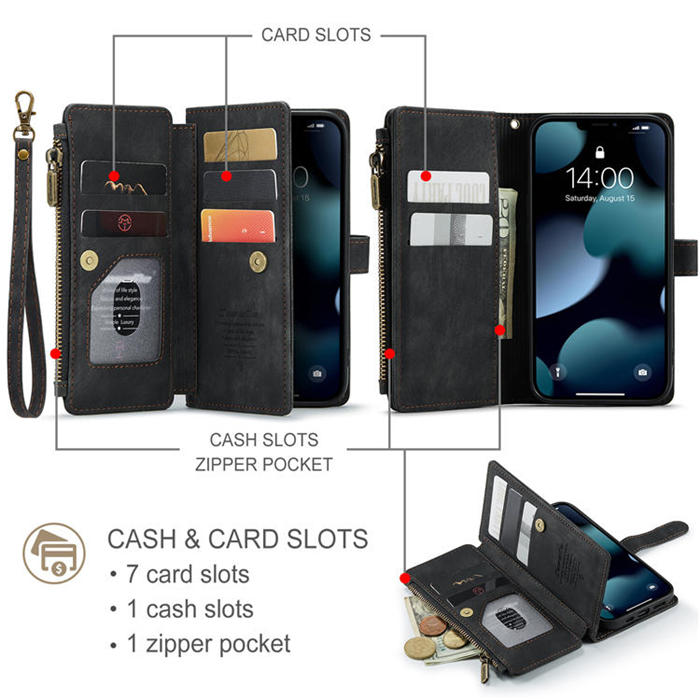 CaseMe iPhone 13 Zipper Wallet Kickstand Retro Case Black