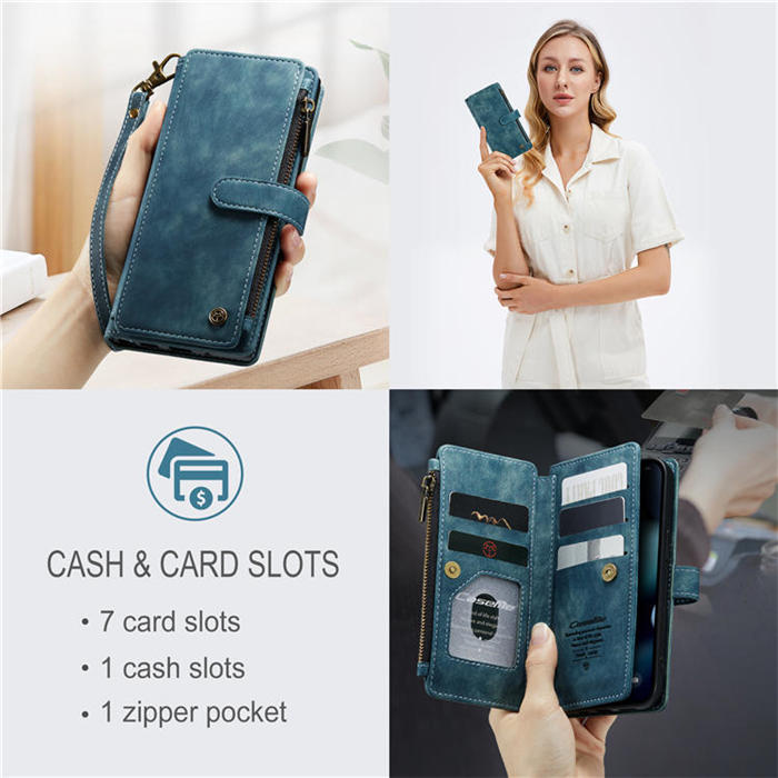CaseMe iPhone 13 Zipper Wallet Kickstand Retro Case Blue