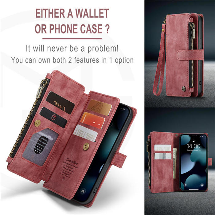 CaseMe iPhone 13 Zipper Wallet Kickstand Retro Case Red