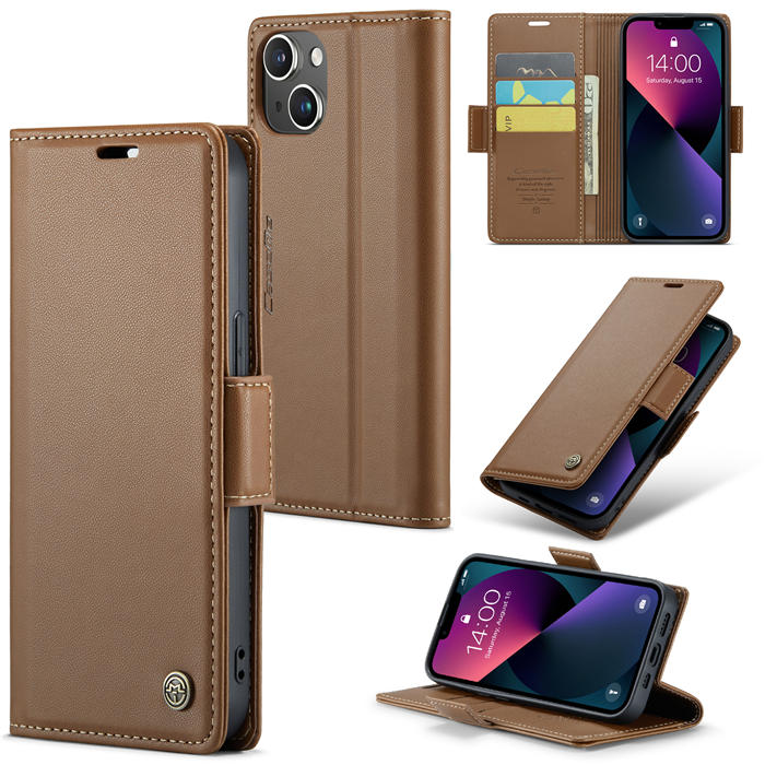 CaseMe iPhone 14 Wallet RFID Blocking Magnetic Buckle Case Brown