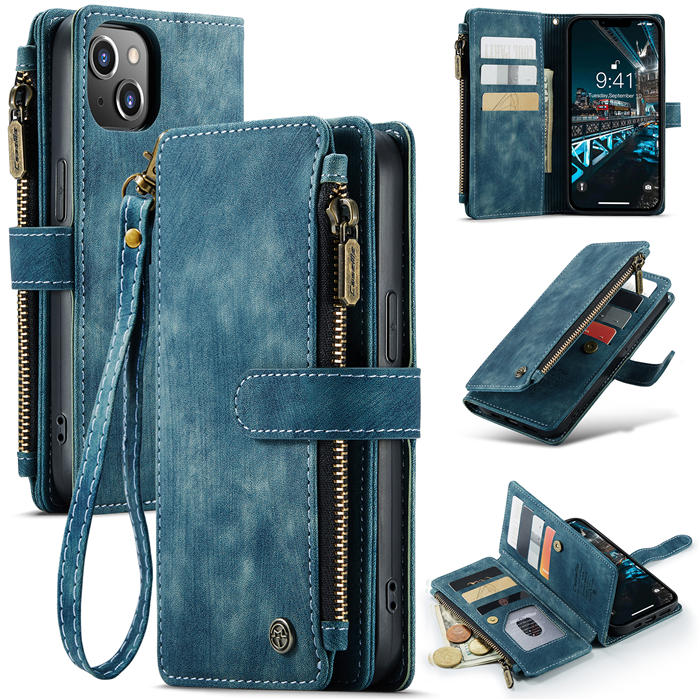 CaseMe iPhone 14 Plus Zipper Wallet Case with Wrist Strap Blue