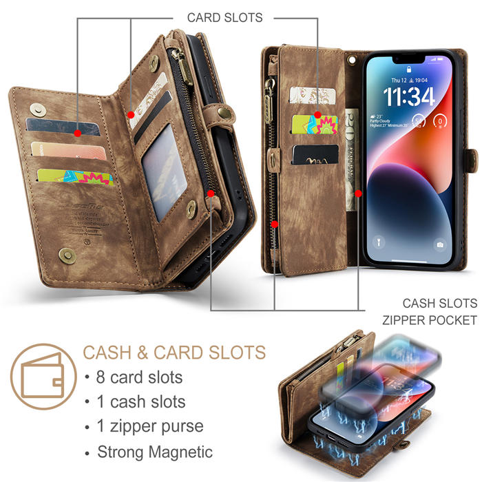 CaseMe iPhone 14 Plus Zipper Wallet Magnetic Detachable 2 in 1 Case