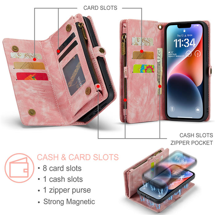 CaseMe iPhone 14 Plus Zipper Wallet Magnetic Detachable 2 in 1 Case