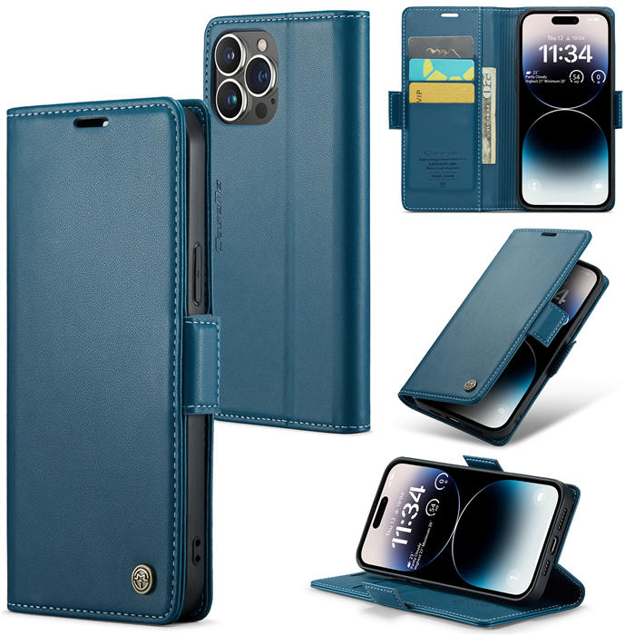 CaseMe iPhone 14 Pro Max Wallet RFID Blocking Magnetic Buckle Case Blue