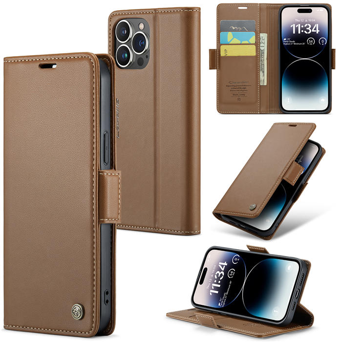 CaseMe Wallet RFID Blocking Kickstand Magnetic Buckle Case Brown